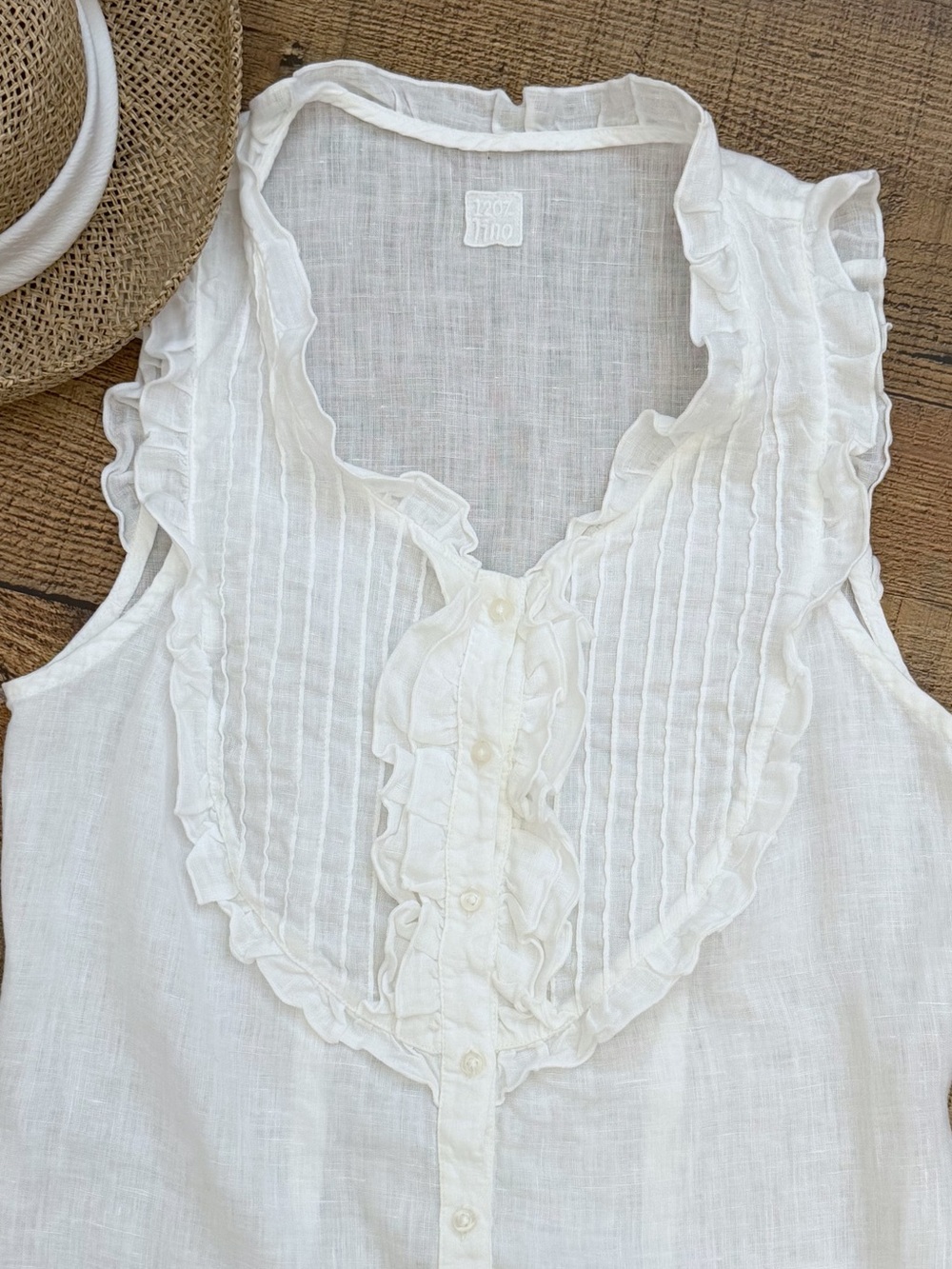 White Ruffle-Trim Sleeveless Button Front Blouse by 120% LINO - Picture 3 of 8